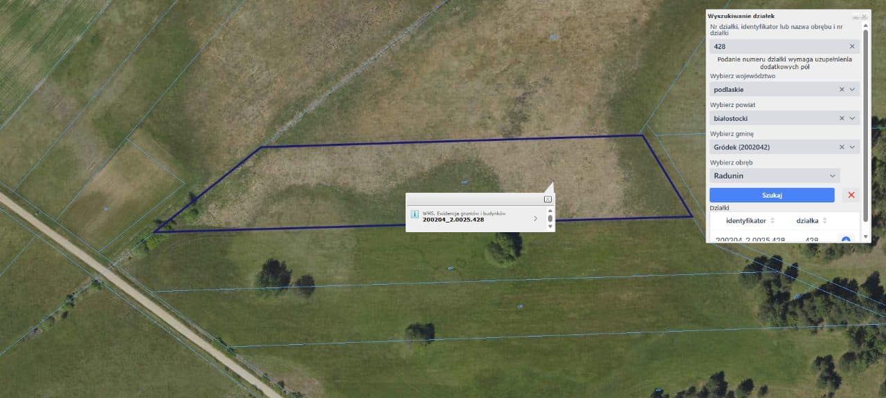 działka nr 428 o pow. 1,11 ha położona w obrębie Radunin, gm. Gródek