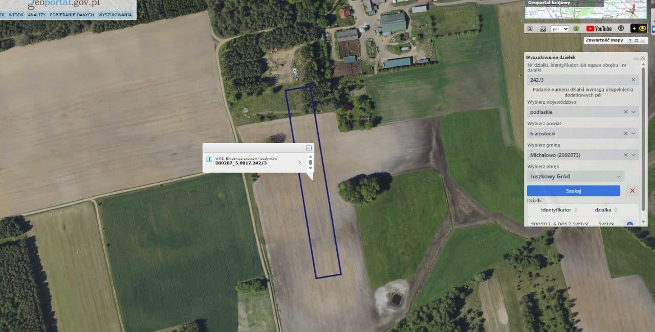 działka rolna niezabudowana nr 242/3 o pow. 1,0084 ha położona w Juszkowym Grodzie, gm. Michałowo, woj. podlaskie