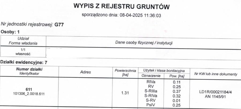 działka 611 (101306_2.0018,611) o pow. 1,31 ha, niezabudowana, z dostępem do drogi publicznej – zdjęcie 2 z 4